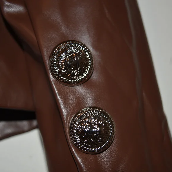 AKIRA SILVER METALLIC BUTTON FAUX LEATHER BROWN BLAZER NWT - Picture 9 of 16